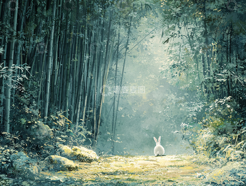 高清大图下载【趣麦麦图】兔子在竹林小路上的背影