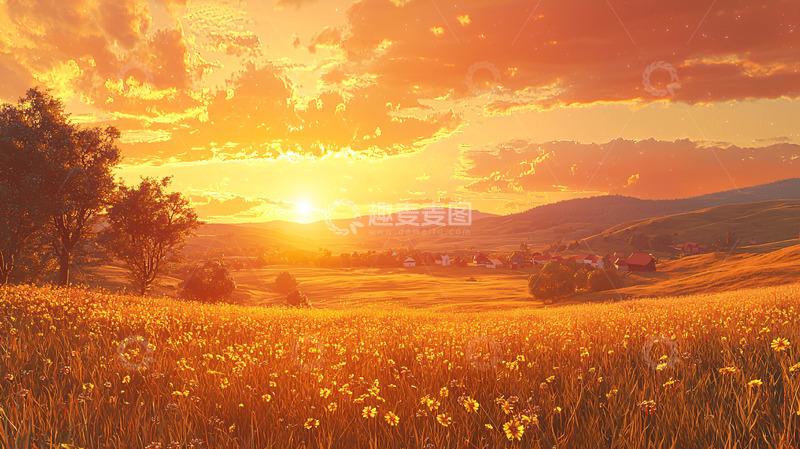 高清大图下载【趣麦麦图】温暖的金色夕阳下的田野