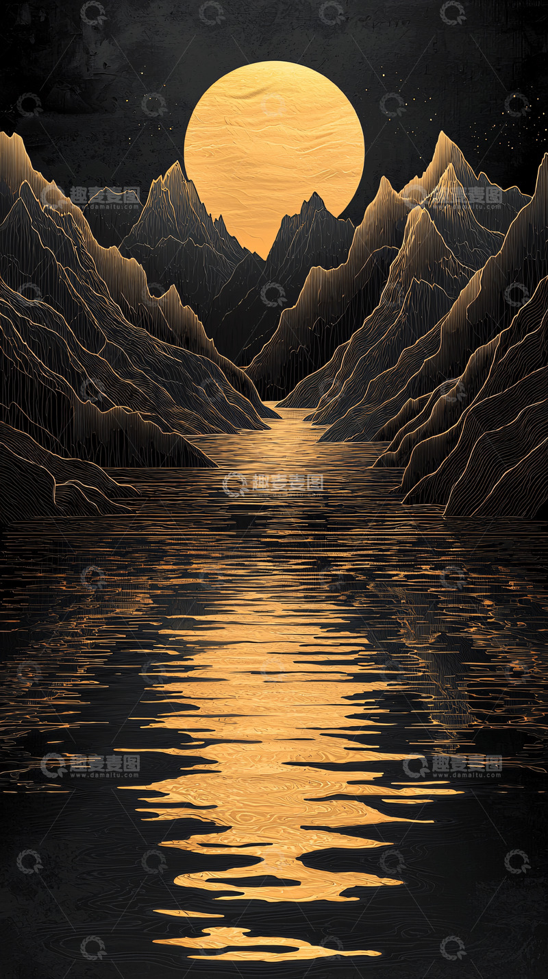 高清大图下载【趣麦麦图】-金色月亮倒映水面山脉