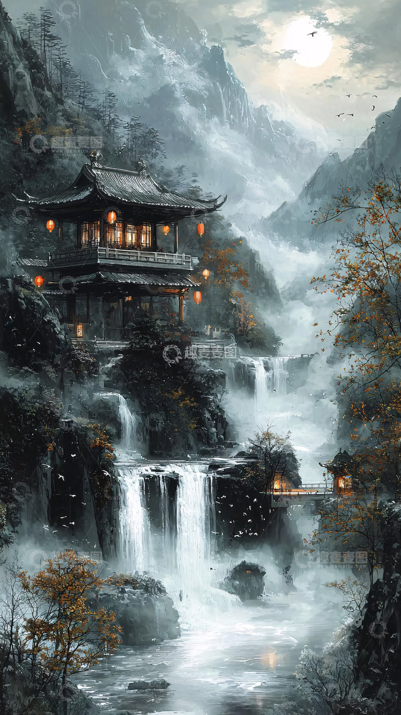 高清大图下载【趣麦麦图】山间瀑布古建筑