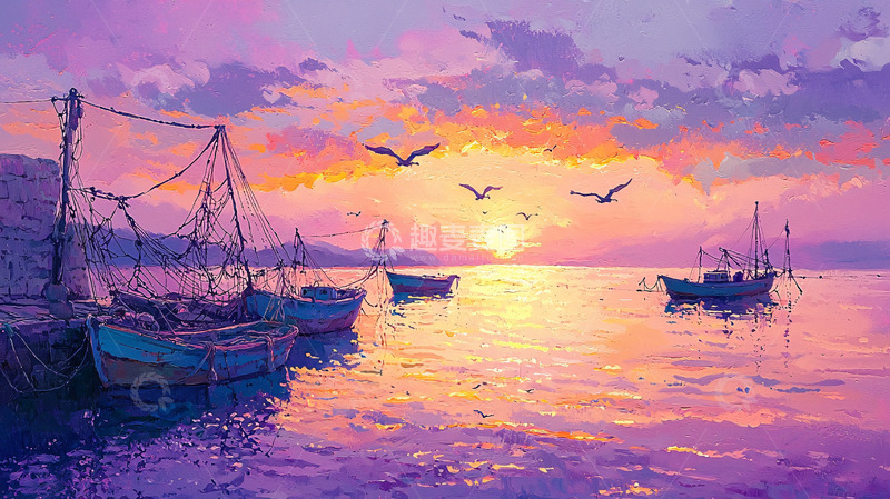 高清大图下载【趣麦麦图】日落时渔船停靠在海边