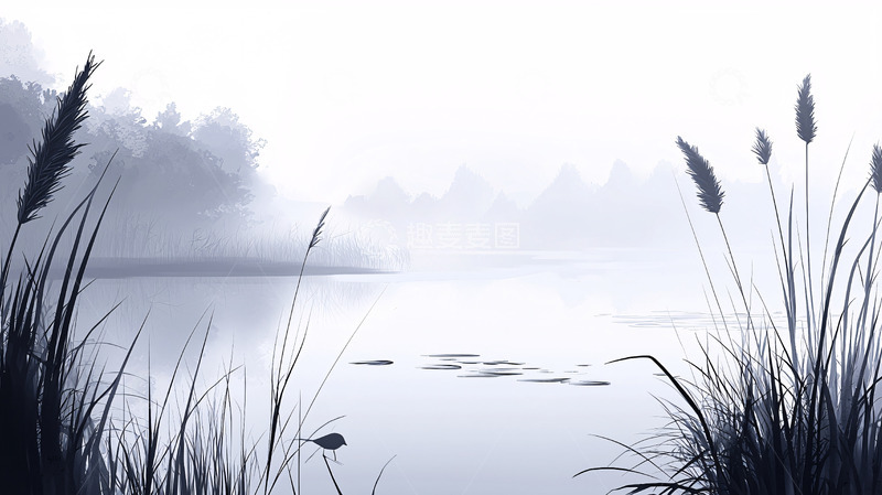 高清大图下载【趣麦麦图】宁静雾气湖泊芦苇风景