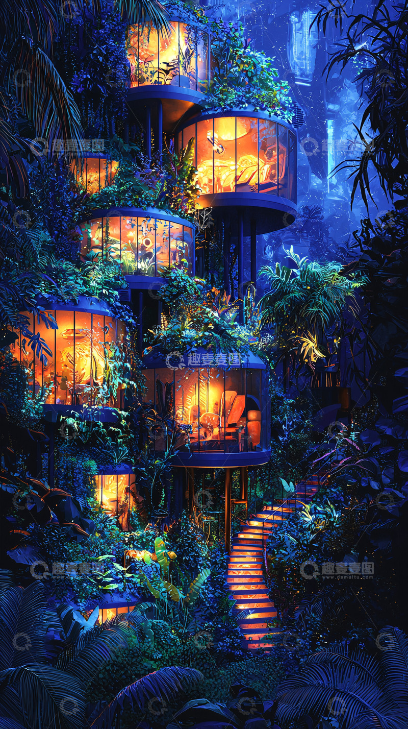 高清大图下载【趣麦麦图】梦幻森林树屋夜景