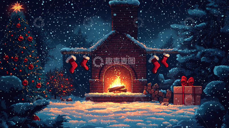 高清大图下载【趣麦麦图】冬夜壁炉圣诞场景