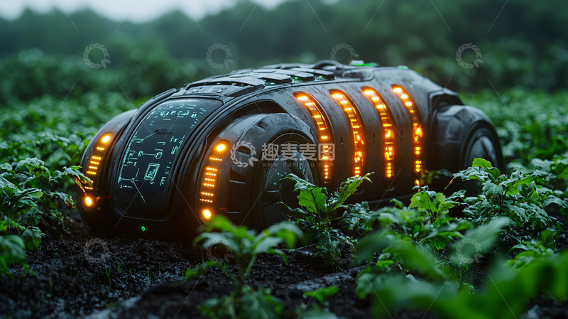 高清大图下载【趣麦麦图】雨中田野里的未来科技机器人
