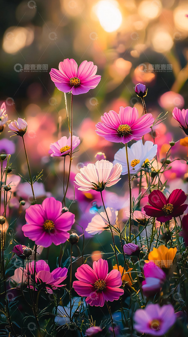 高清大图下载【趣麦麦图】日落余晖下的粉色波斯菊花田