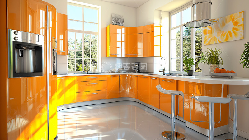 高清大图下载【趣麦麦图】明亮橙色现代化厨房