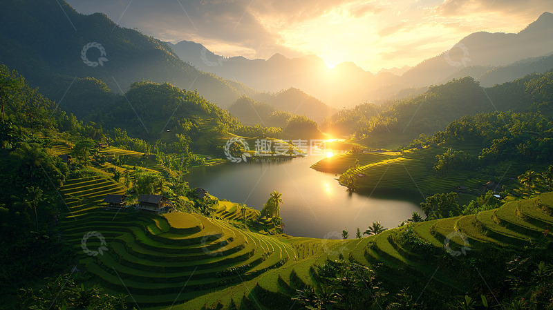 高清大图下载【趣麦麦图】日出山峦梯田湖泊