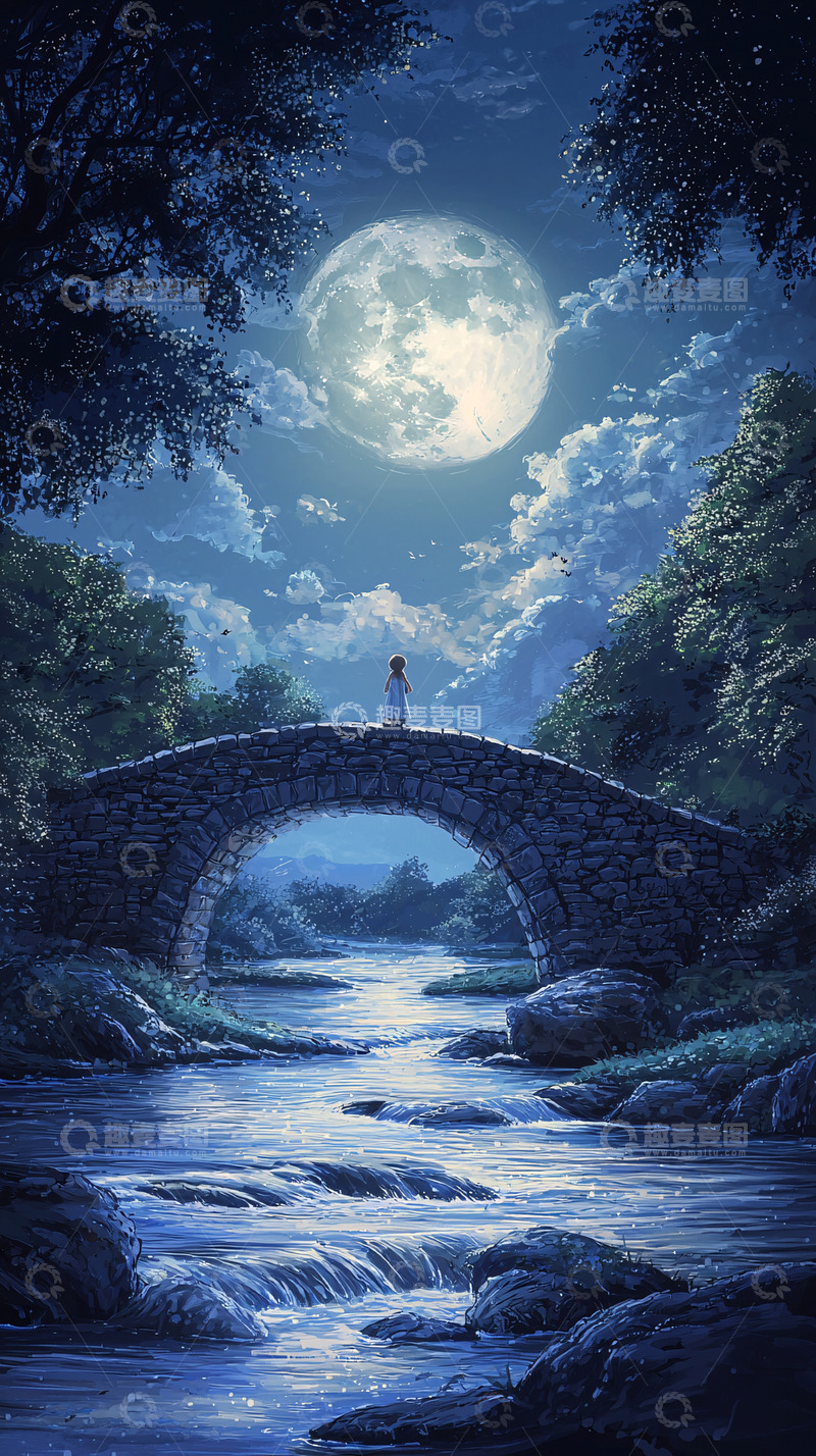 高清大图下载【趣麦麦图】月光下的石桥女孩