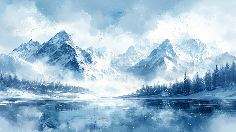 高清大图下载【趣麦麦图】冰雪覆盖的山脉湖泊景色