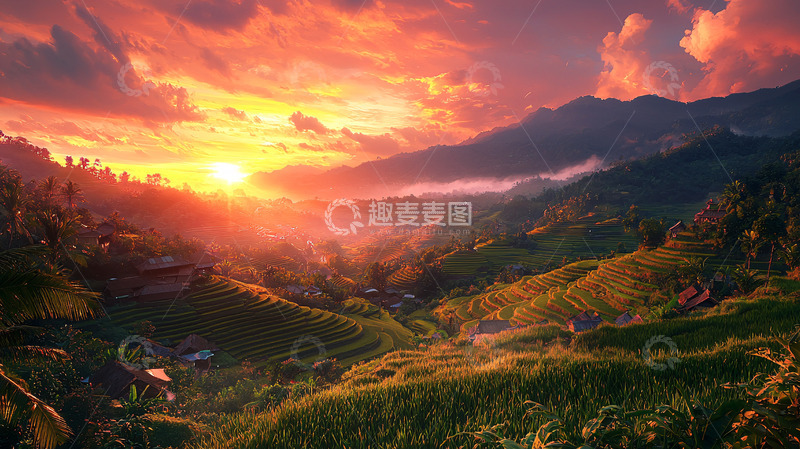 高清大图下载【趣麦麦图】火红的日落山谷景色