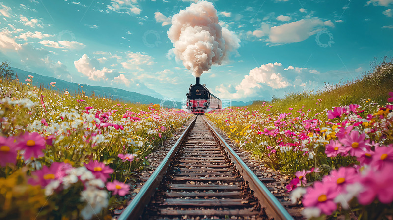 高清大图下载【趣麦麦图】蒸汽火车开往花海