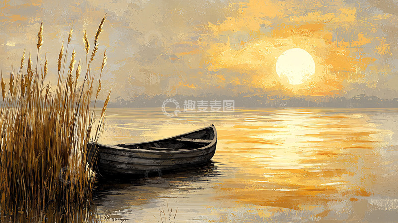 高清大图下载【趣麦麦图】夕阳西下湖边小船