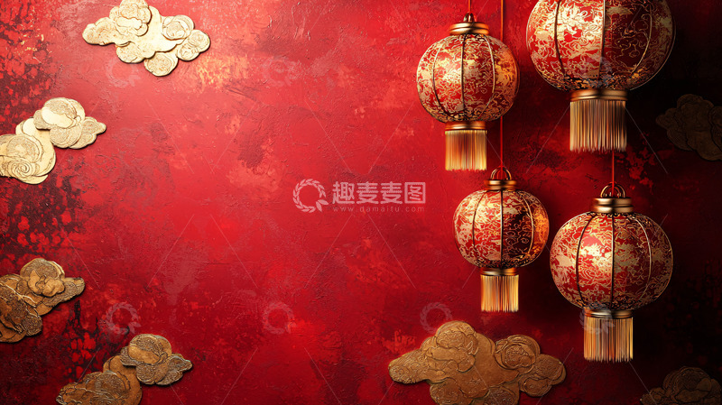 高清大图下载【趣麦麦图】红底金色祥云灯笼背景