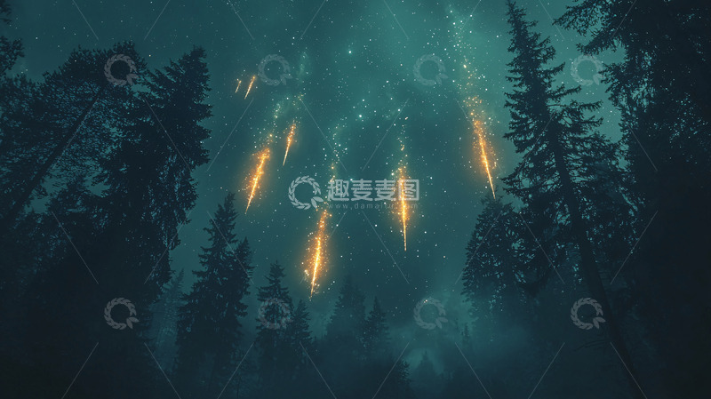 高清大图下载【趣麦麦图】夜空森林流星雨