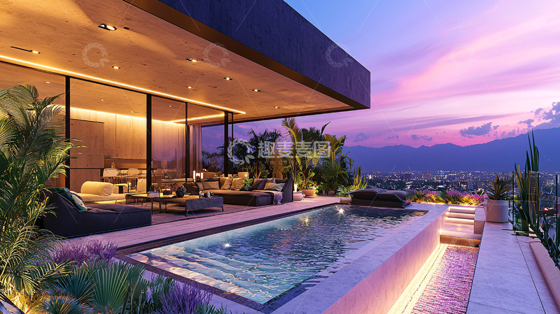 高清大图下载【趣麦麦图】豪华住宅泳池夜景