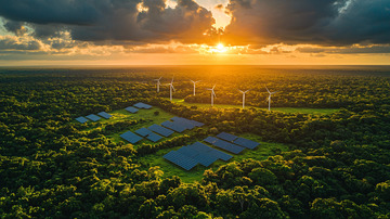 绿色能源风电场和太阳能电池板
