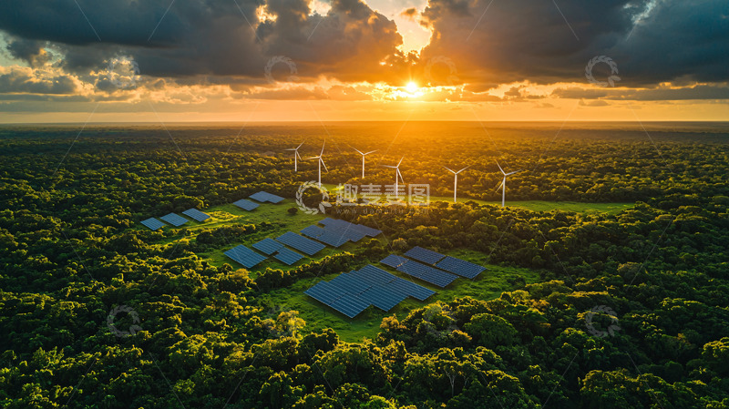 高清大图下载【趣麦麦图】绿色能源风电场和太阳能电池板