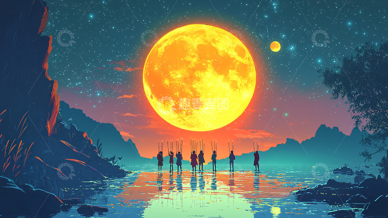 高清大图下载【趣麦麦图】巨型月亮下的剪影人物