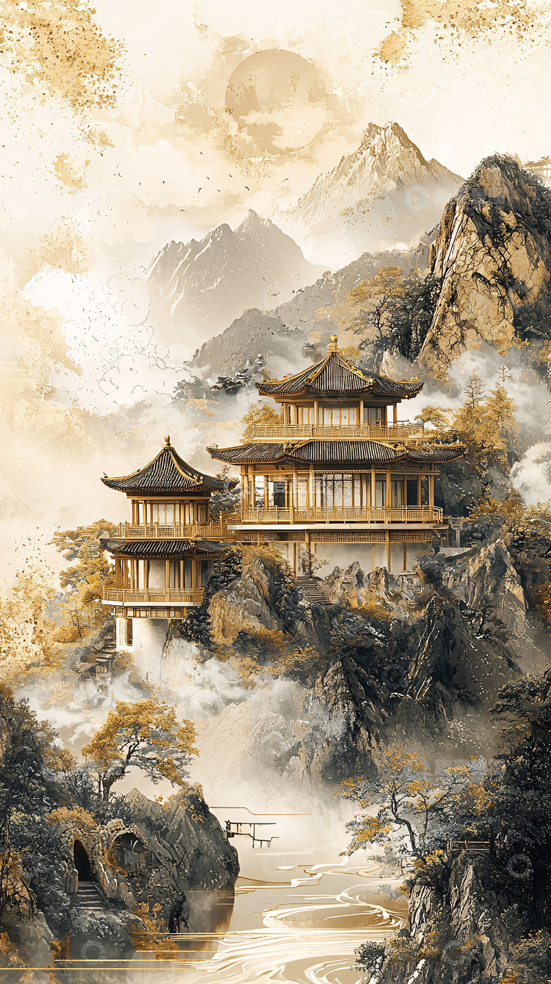 高清大图下载【趣麦麦图】山间寺庙云雾缭绕