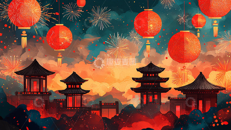 高清大图下载【趣麦麦图】新年烟火晚霞古建筑红灯笼