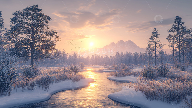 高清大图下载【趣麦麦图】冬日雪景河流日出