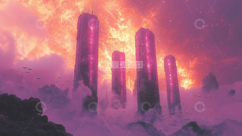 高清大图下载【趣麦麦图】火焰焚烧的紫色高塔
