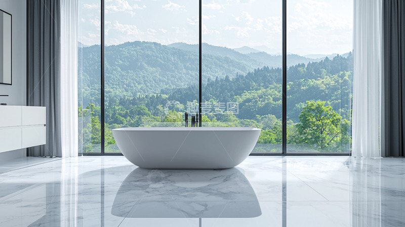 高清大图下载【趣麦麦图】极简风格浴缸落地窗山景