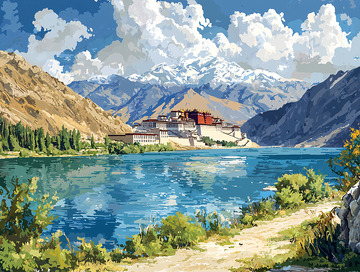 山峦湖泊宫殿风景画