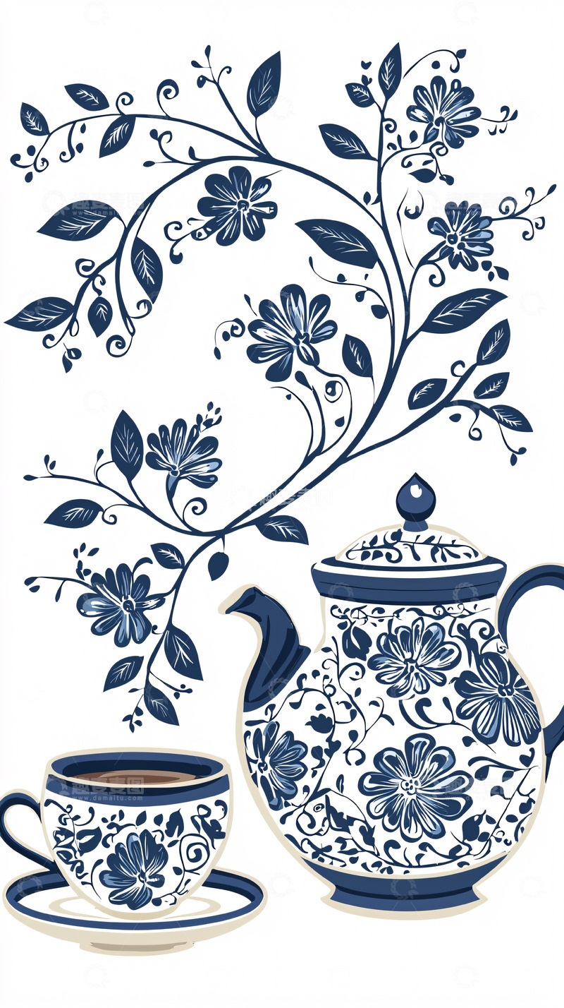 高清大图下载【趣麦麦图】青花瓷茶具和花卉藤蔓