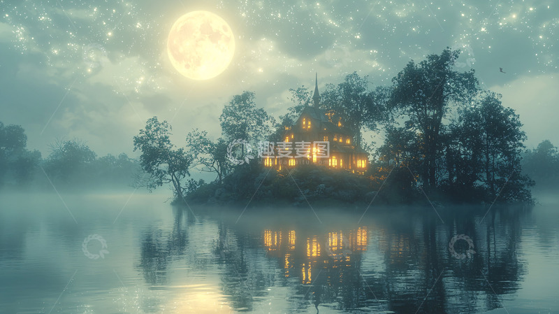 高清大图下载【趣麦麦图】月光下的湖心岛屿老宅