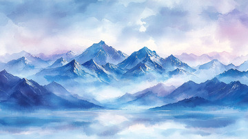 蓝色山脉水彩画