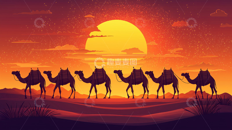 高清大图下载【趣麦麦图】沙漠落日驼队剪影