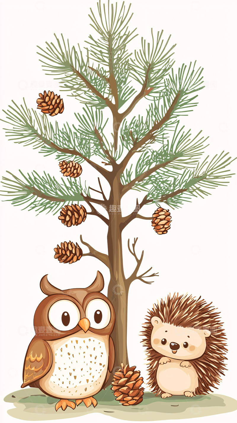 高清大图下载【趣麦麦图】卡通猫头鹰树下刺猬松果