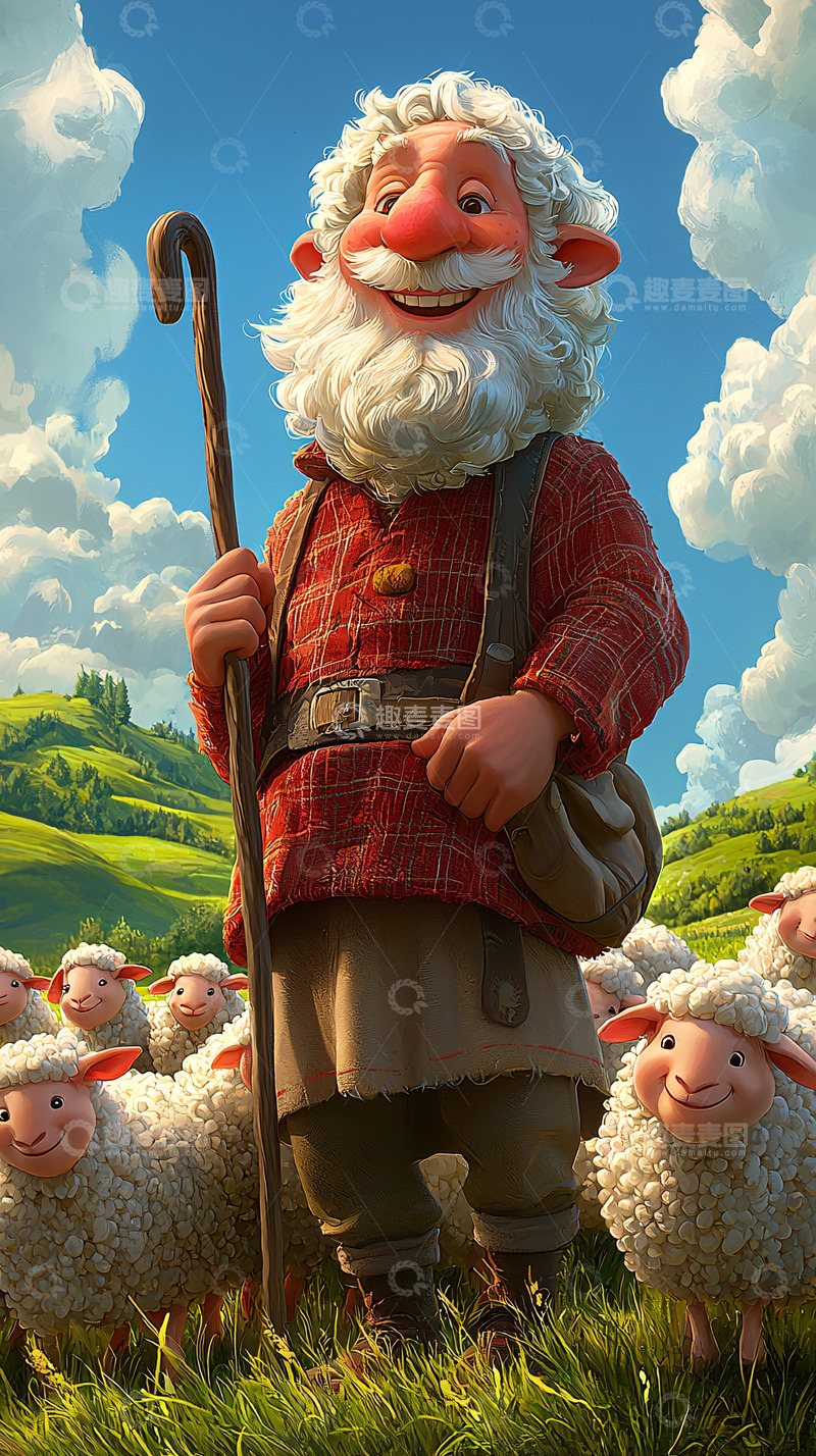 高清大图下载【趣麦麦图】快乐的卡通牧羊人与羊群