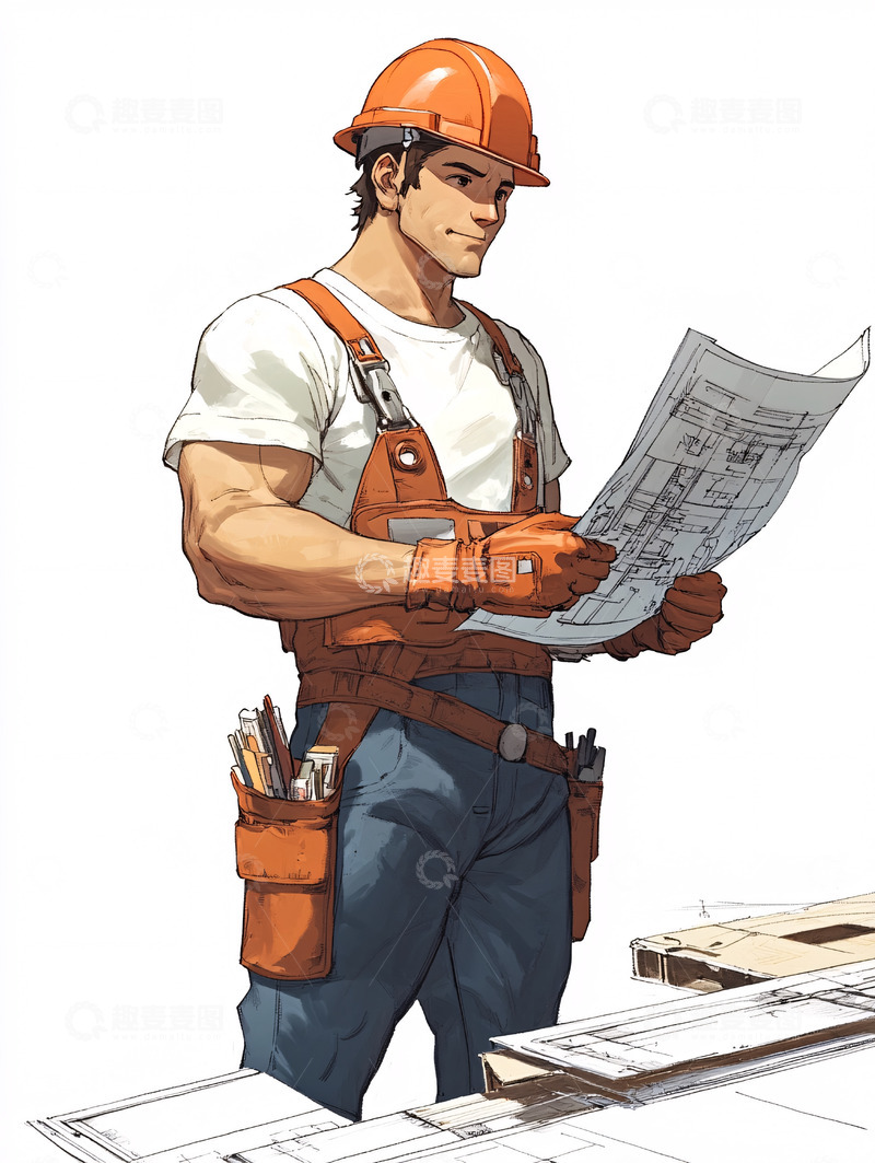 高清大图下载【趣麦麦图】帅气建筑工人看图纸