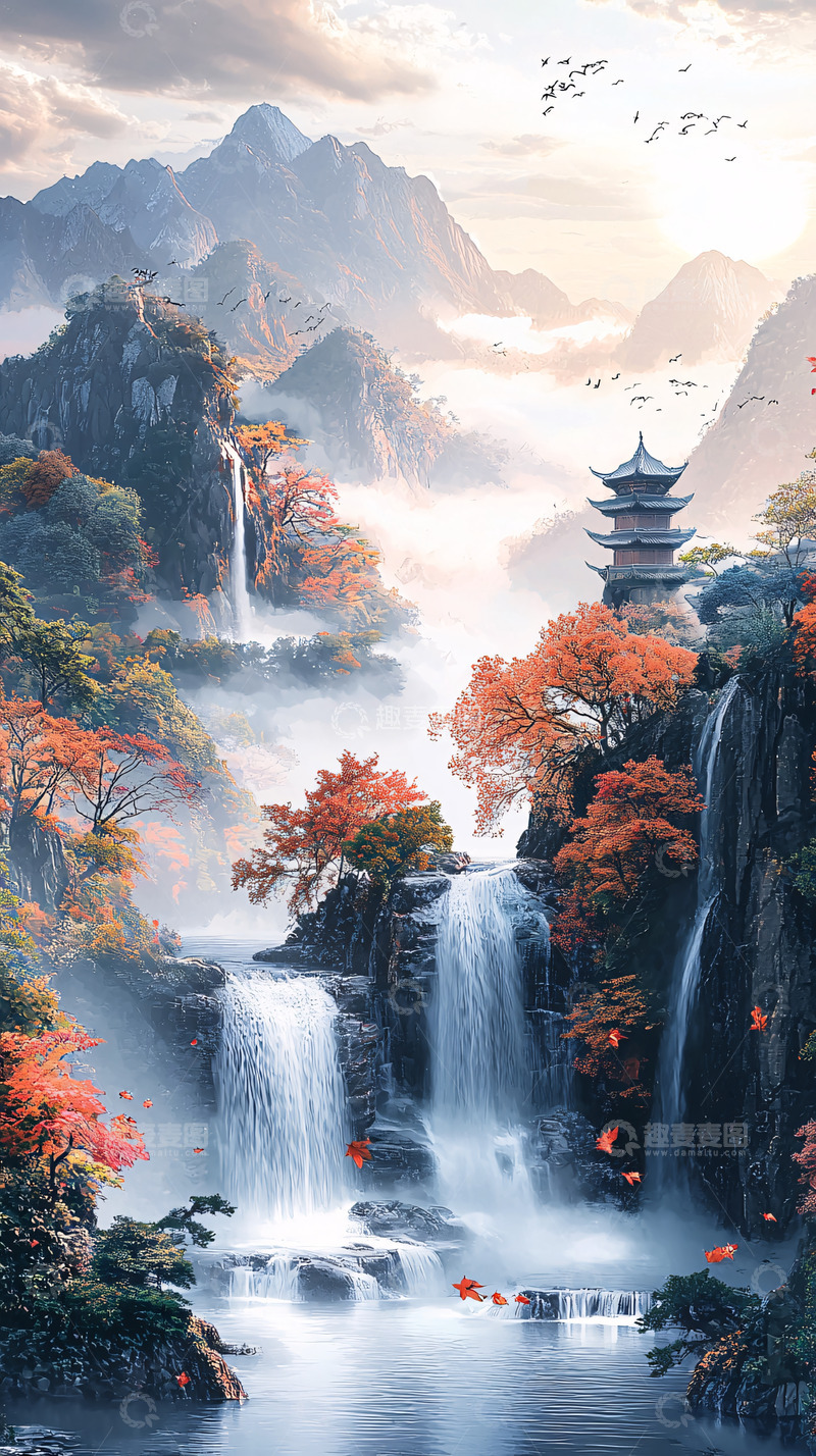 高清大图下载【趣麦麦图】水墨画风山水风景图片