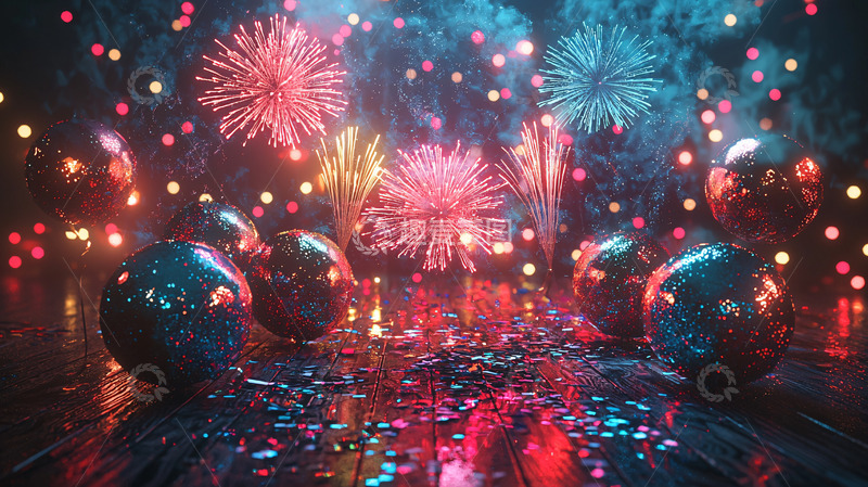 高清大图下载【趣麦麦图】绚丽烟火与镜面球体
