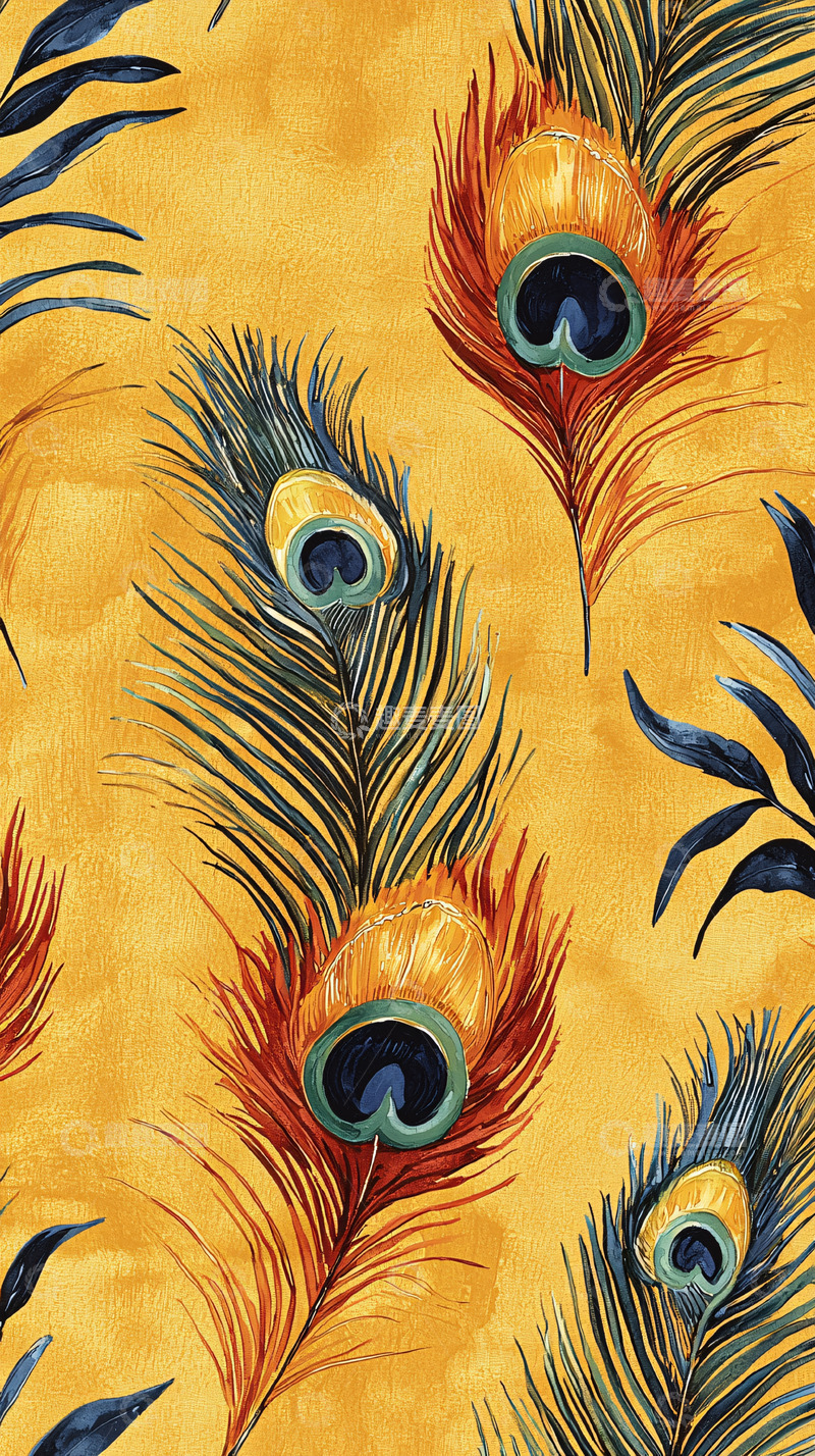 高清大图下载【趣麦麦图】黄底孔雀羽毛水彩画