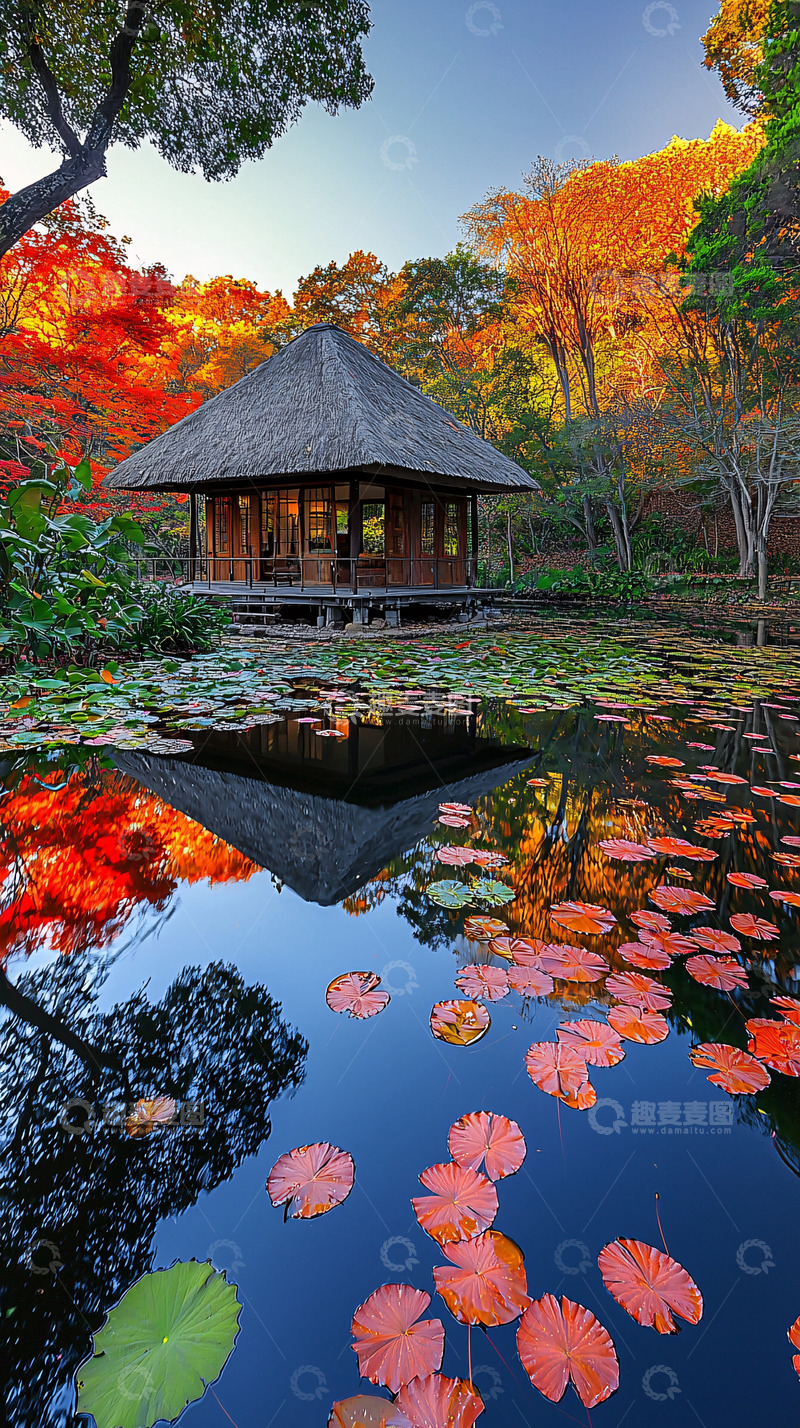 高清大图下载【趣麦麦图】秋色中水面茅草屋倒影