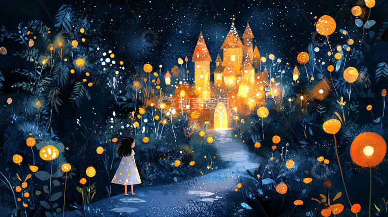 高清大图下载【趣麦麦图】夜晚森林城堡女孩
