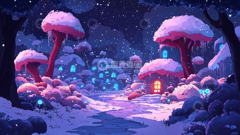 高清大图下载【趣麦麦图】冬日雪夜蘑菇屋村庄