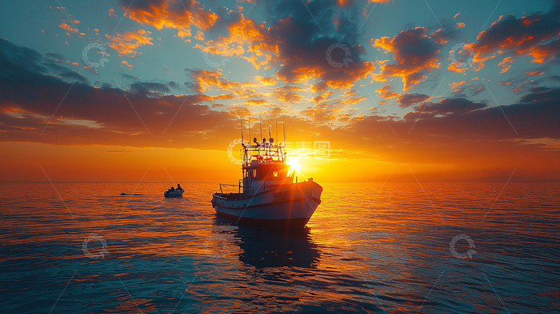 高清大图下载【趣麦麦图】日落海景渔船