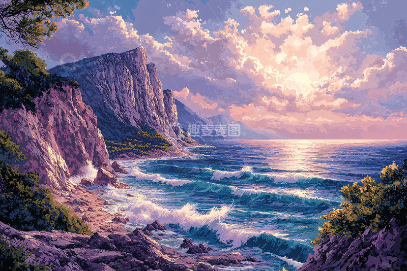 高清大图下载【趣麦麦图】日出海边岩石峭壁