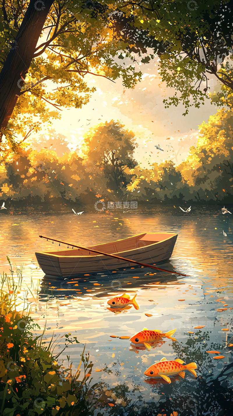 高清大图下载【趣麦麦图】夕阳下的小船与金鱼