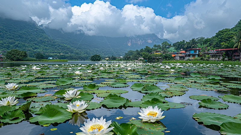 高清大图下载【趣麦麦图】山峦环绕的湖泊白莲花