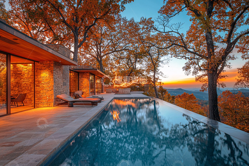 高清大图下载【趣麦麦图】秋日傍晚山景别墅泳池