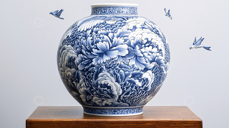 高清大图下载【趣麦麦图】青花瓷花鸟纹瓶