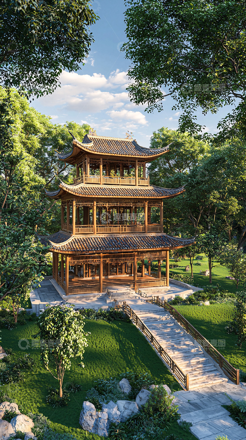 高清大图下载【趣麦麦图】中式木质三层塔楼