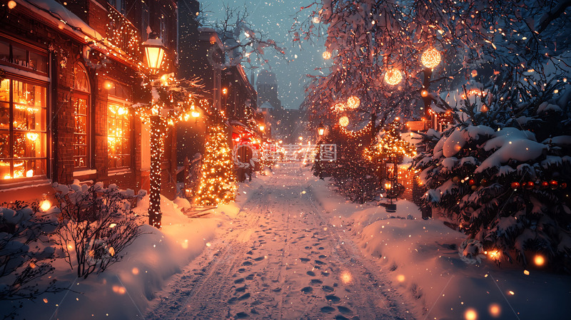 高清大图下载【趣麦麦图】下雪的圣诞小镇街道